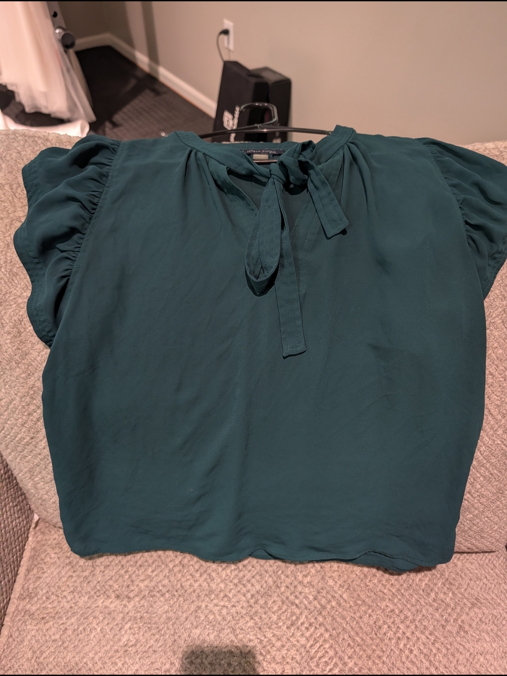 Tommy Hilfiger Dark Green Tie-Neck Short Sleeve Blouse